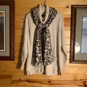 Oatmeal cowl neck sweater with floral scarf